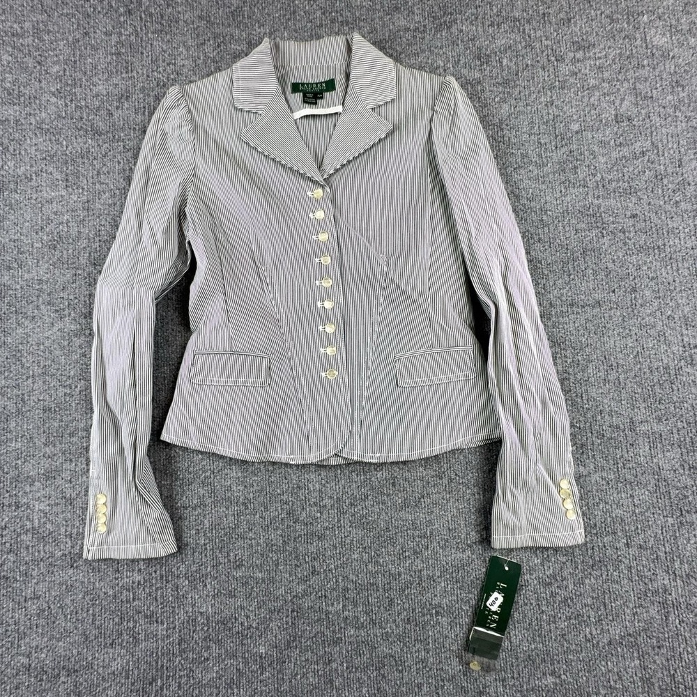 Lauren Ralph Lauren Blazer Womens Petite Medium Blue Pinstripe Cotton Jacket